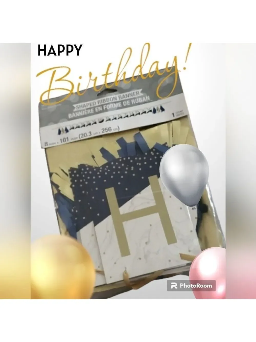 Happy Birthday shaped ribbon banner with stickers 8 inch x 101 inches